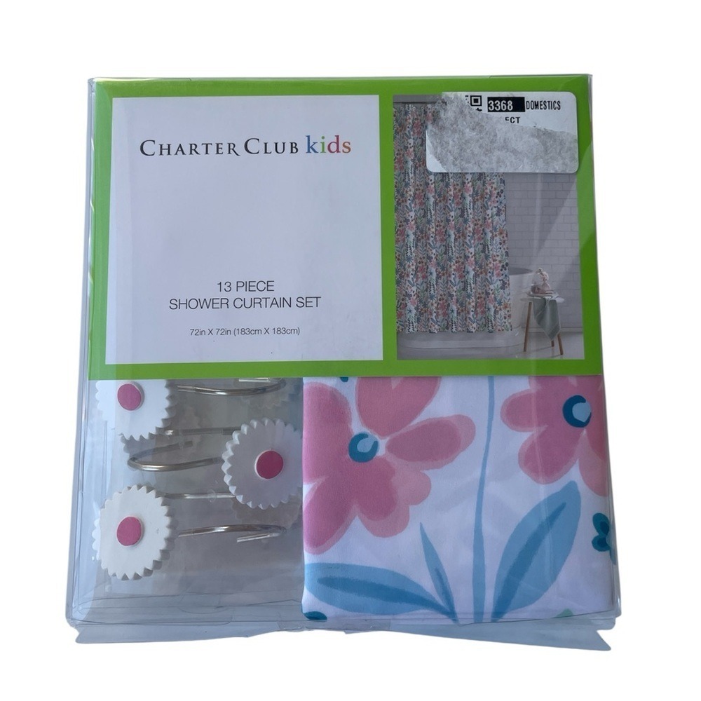 Charter Club Kids 13 Piece Floral Shower Curtain Hook Set Pink Blue 72"X72" NIB
